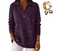 Genérico Women's Christmas Party Polo Collar Sweater, Casual V Neck Shiny Loose Sweaters, Elegant Retro Soft Knit Sparkly Sweaters