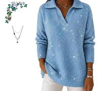 Genérico Women's Christmas Party V Collar Shiny Loose Sweater Top, Casual Loose V Neck Collared Knit Jumper Sparkly Sweaters (Blue,XL)
