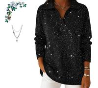 Genérico Women's Christmas Party V Collar Shiny Loose Sweater Top, Casual Loose V Neck Collared Knit Jumper Sparkly Sweaters (Black,3XL)