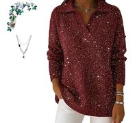 Genérico Women's Christmas Party V Collar Shiny Loose Sweater Top, Casual Loose V Neck Collared Knit Jumper Sparkly Sweaters (Red,XL)