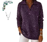 Genérico Women's Christmas Party V Collar Shiny Loose Sweater Top, Casual Loose V Neck Collared Knit Jumper Sparkly Sweaters (Purple,XXL)