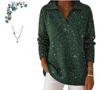 Genérico Women's Christmas Party V Collar Shiny Loose Sweater Top, Casual Loose V Neck Collared Knit Jumper Sparkly Sweaters (Green,XXL)