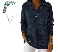 Genérico Women's Christmas Party V Collar Shiny Loose Sweater Top, Casual Loose V Neck Collared Knit Jumper Sparkly Sweaters (Dark Blue,XXL)
