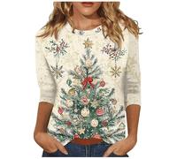 Genérico Womens Christmas Tree 3/4 Length Sleeve Round Neck Tshirts Tops (Beige, L)