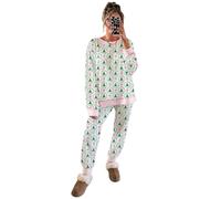 Genérico Women's Christmas Trees and Bows Pajama Set, 2-Piece Long Sleeve Crewneck Top & Lounge Pants with Striped Trim, Festive Holiday Pajamas (XL)