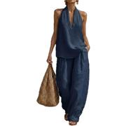 Genérico Womens Cotton and Linen 2 Piece Sets, Halter Top Matching Wide Leg Pants Set, Sleeveless Halter Neck Tops Vest Elastic Waist Palazzo for Women Summer Fashion Casual Outfits (navy blue, L)