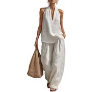 Genérico Womens Cotton and Linen 2 Piece Sets, Halter Top Matching Wide Leg Pants Set, Sleeveless Halter Neck Tops Vest Elastic Waist Palazzo for Women Summer Fashion Casual Outfits (white, 3XL)