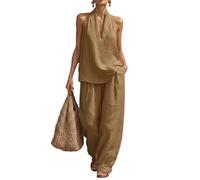 Genérico Womens Cotton and Linen 2 Piece Sets, Halter Top Matching Wide Leg Pants Set, Sleeveless Halter Neck Tops Vest Elastic Waist Palazzo for Women Summer Fashion Casual Outfits (caramel, S)