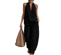 Genérico Womens Cotton and Linen 2 Piece Sets, Halter Top Matching Wide Leg Pants Set, Sleeveless Halter Neck Tops Vest Elastic Waist Palazzo for Women Summer Fashion Casual Outfits (black, XL)