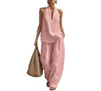 Genérico Womens Cotton and Linen 2 Piece Sets, Halter Top Matching Wide Leg Pants Set, Sleeveless Halter Neck Tops Vest Elastic Waist Palazzo for Women Summer Fashion Casual Outfits (pink, XXL)