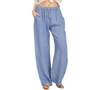 Genérico Womens Cotton Linen Pants - 2026 Summer Casual Palazzo Pants Drawstring Vacation Beach Trousers with Pockets (Light Blue,L)