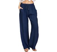 Genérico Womens Cotton Linen Pants - 2026 Summer Casual Palazzo Pants Drawstring Vacation Beach Trousers with Pockets (Navy Blue,XXL)