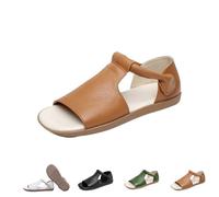 Genérico Women's Cow Genuine Leather Flats - Women's Summer Open-Toe Sandals,Flats Roman Sandals Comfort Soft Sole Non-Slip Beach Walking Shoes (Khaki,40)