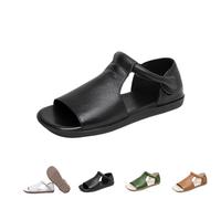 Genérico Women's Cow Genuine Leather Flats - Women's Summer Open-Toe Sandals,Flats Roman Sandals Comfort Soft Sole Non-Slip Beach Walking Shoes (Black,35)