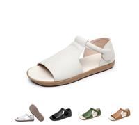Genérico Women's Cow Genuine Leather Flats - Women's Summer Open-Toe Sandals,Flats Roman Sandals Comfort Soft Sole Non-Slip Beach Walking Shoes (White,39)