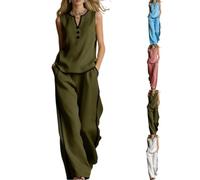 Genérico Women's Cozy Black-Trimmed Linen and Cotton Sleeveless Top and Pants Summer Matching Lounge Set (Green,XL)