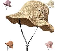 Genérico Women's Crochet Bucket Hat with Flower Accent, Wide Brim Beach Floppy, Lightweight Packable Sun Hat for Outdoor, Beach Travel Hiking (Khaki)