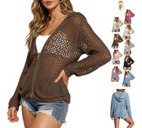 Genérico Women's Crochet Cardigan Zip Up Hooded Long Sleeve Knit Sweater