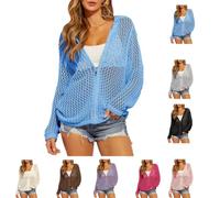 Genérico Women's Crochet Lightweight Cardigan Zip Up Hooded Long Sleeve,Beach Swim Cover Up,Knit Mesh Cardigan Casual Soft Pullover ，Blue：XXL