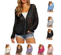 Genérico Women's Crochet Lightweight Cardigan Zip Up Hooded Long Sleeve,Beach Swim Cover Up,Knit Mesh Cardigan Casual Soft Pullover ，Black：XXL