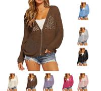 Genérico Women's Crochet Lightweight Cardigan Zip Up Hooded Long Sleeve,Beach Swim Cover Up,Knit Mesh Cardigan Casual Soft Pullover ，Brown：M
