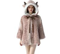 Genérico Women's Cute Deer Print Faux Fur Shawl,Soft Comfortable Hooded Cardigan Cloak,Winter Warm Knitted Shawl Coat