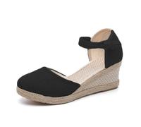 Genérico Women's Elastic Ankle Strap Espadrilles Wedge Sandals Women Square Toe Frayed Linen Espadrille Wedge Sandal Canvas Espadrille Sandal Wedges (Black,41 1/9)