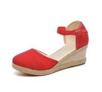 Genérico Women's Elastic Ankle Strap Espadrilles Wedge Sandals Women Square Toe Frayed Linen Espadrille Wedge Sandal Canvas Espadrille Sandal Wedges (Red,38 1/3)