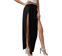 Genérico Women's Elastic Waist High Split Wrap Flowy Long Maxi Skirt (Black, S)