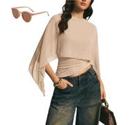 Genérico Women's Elegant Chiffon Cape Sleeve Top,Sheer Mesh Asymmetrical Batwing Sleeve Shirts,Trendy Summer Dressy Blouse Shawl