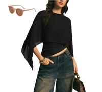 Genérico Women's Elegant Chiffon Cape Sleeve Top,Sheer Mesh Asymmetrical Batwing Sleeve Shirts,Trendy Summer Dressy Blouse Shawl