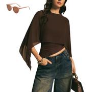 Genérico Women's Elegant Chiffon Cape Sleeve Top,Sheer Mesh Asymmetrical Batwing Sleeve Shirts,Trendy Summer Dressy Blouse Shawl