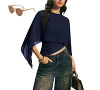 Genérico Women's Elegant Chiffon Cape Sleeve Top,Sheer Mesh Asymmetrical Batwing Sleeve Shirts,Trendy Summer Dressy Blouse Shawl