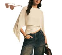 Genérico Women's Elegant Chiffon Cape Sleeve Top,Sheer Mesh Asymmetrical Batwing Sleeve Shirts,Trendy Summer Dressy Blouse Shawl