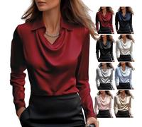 Genérico Womens Elegant Cowl Neck Satin Blouse Long Sleeve Tops Dressy Business Casual Office Work Silk Shirt Fall Outfits (Burgundy,XL)