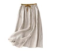 Genérico Women's Embroidery Cotton Linen Skirts with Pockets Casual Elastic High Waist A-Line Split Long Boho Skirts (White,L)