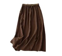 Genérico Women's Embroidery Cotton Linen Skirts with Pockets Casual Elastic High Waist A-Line Split Long Boho Skirts (Coffee,M)