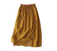Genérico Women's Embroidery Cotton Linen Skirts with Pockets Casual Elastic High Waist A-Line Split Long Boho Skirts (Yellow,M)