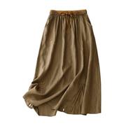 Genérico Women's Embroidery Cotton Linen Skirts with Pockets Casual Elastic High Waist A-Line Split Long Boho Skirts (Khaki,XL)