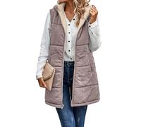 Genérico Women's Fall Reversible Vest Sleeveless Faux Fleece Jacket, Women Long Quilted Hooded Down Vests, Warm Winter Outerwear (light camel,XL)
