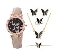 Generico Women's Fashion Watch Set (5 Pack) | Imitation Leather Strap, 5 cm Diameter, 40g | Simple Casual Wristwatch With Butterfly Numerals | Pin Buckle, Screw-Down (No Box), beige, Fare riferimento