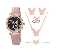 Generico Women's Fashion Watch Set (5 Pack) | Imitation Leather Strap, 5 cm Diameter, 40g | Simple Casual Wristwatch With Butterfly Numerals | Pin Buckle, Screw-Down (No Box), rosa, riferimento