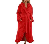 Genérico Women's fleece bathrobe, soft long with wool ruffles, fluffy and warm, comfortable loungewear, lightweight solid color adult wool winter (Red,M)