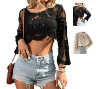 Genérico Women's Floral Embroidered Semi-Sheer Cover Up, Beach Long Sleeve Round Neck Lace Sun Protection Duster Mesh Design (Black)