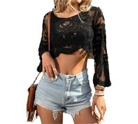 Genérico Women's Floral Embroidered Semi-Sheer Cover Up, Cute Beach Long Sleeve Round Neck Lace, Sheer Beach Coverup (Black)