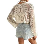 Genérico Women's Floral Embroidered Semi-Sheer Cover Up, Cute Beach Long Sleeve Round Neck Lace, Sheer Beach Coverup (Beige)