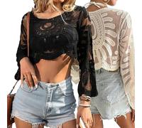 Genérico Women's Floral Embroidered Semi-Sheer Cover up Cute Beach Long Sleeve Round Neck Lace Sun Protection Duster for 0utdoor (Mix)