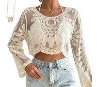 Genérico Women's Floral Embroidered Semi-Sheer Cover Up, Cute Beach Long Sleeve Round Neck Lace Sun Protection Duster (White)