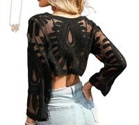 Genérico Women's Floral Embroidered Semi-Sheer Cover Up, Cute Beach Long Sleeve Round Neck Lace Sun Protection Duster (Black)