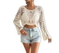 Genérico Women's Floral Embroidered Semi-Sheer Cover Up Cute Beach Long Sleeve, Round Neck Lace Sun Protection Duster, for travel (Apricot,One Size Fits All)
